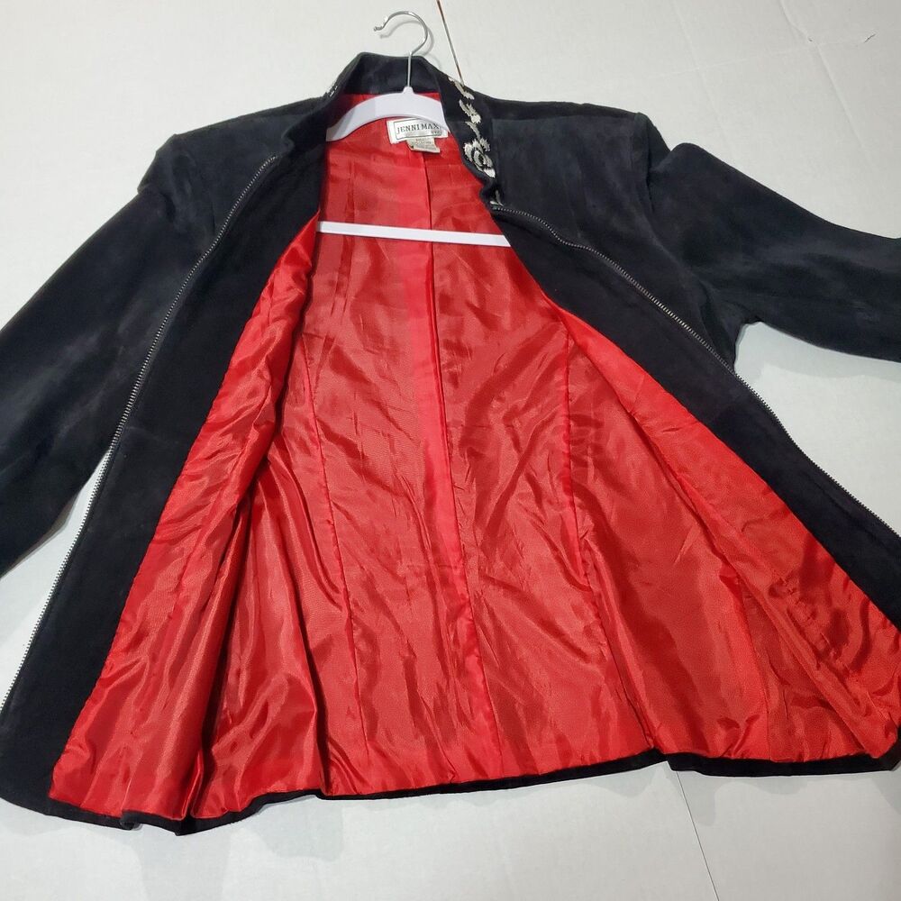 Vintage Suede Leather Black / White Floral Embroidered Zip Jacket , Size 12 - Picture 16 of 16